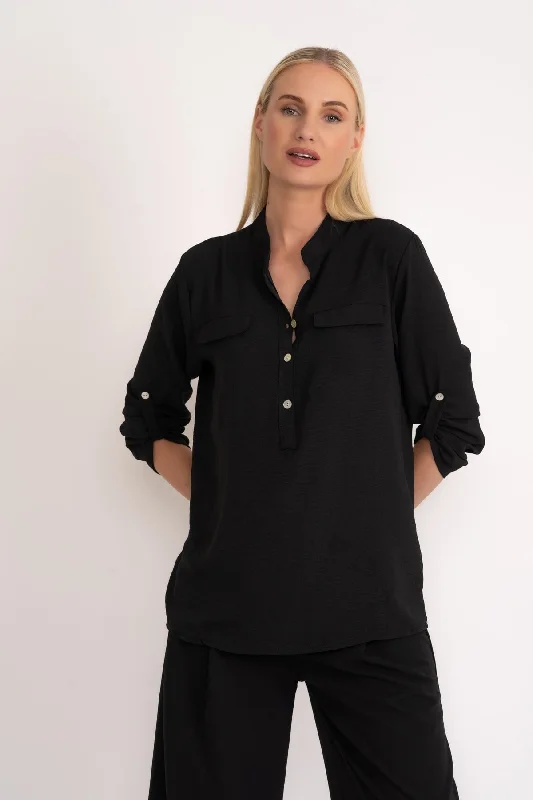 3/4 Length Sleeve Collarless Shirt in Black Classic Women's Tweed
