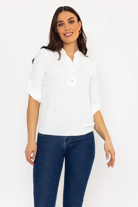 Ecru Turn Up 3/4 Length Sleeve Top Monochromatic Office Style