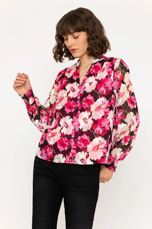 Long Sleeve Pink Floral V-Neck Button Blouse Sophisticated Women's Tailored