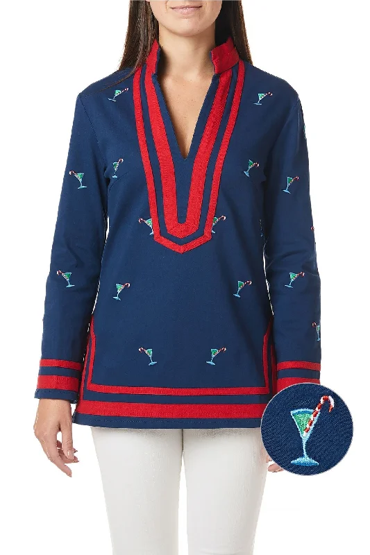Tunic Top Nantucket Navy with Martini Candy Cane and Red Trim Earthy Women's Hemp - based