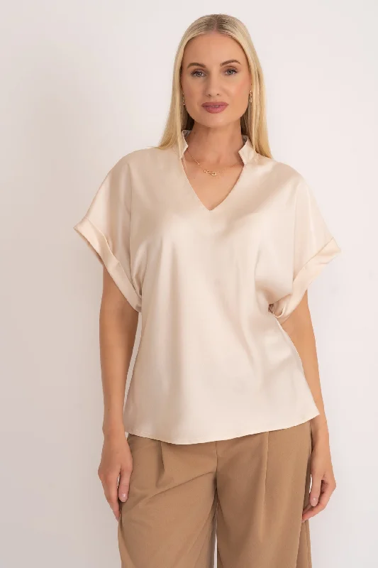 Beige V-Neck Sateen Short Sleeve Top Country