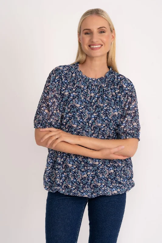 High Neck Short Sleeve Top in Navy Floral Print Cool Women's Skate