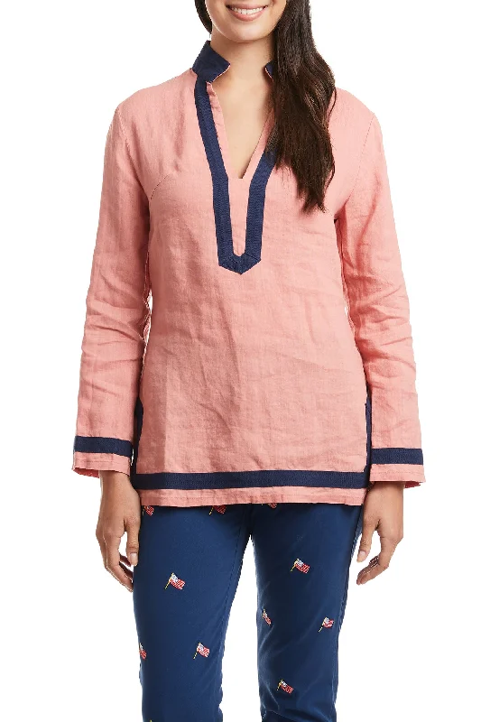 Tunic Top Nantucket Red Linen with Navy Trim Stylish Women's Neon