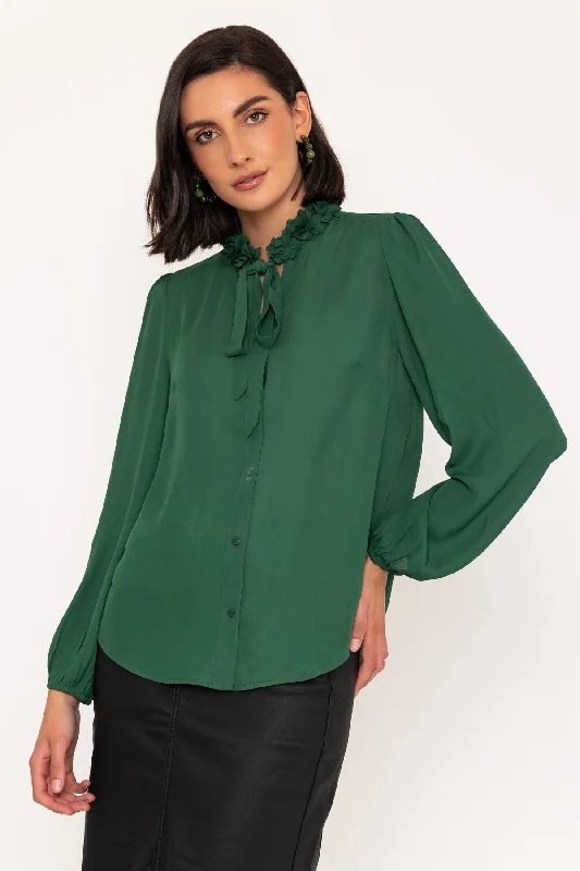 Long Sleeve Flower Ruffle Detail Blouse in Green Business