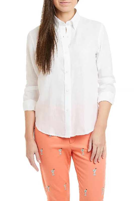 Ladies Button Down Shirt White Linen Artistic Women's Hand - painted