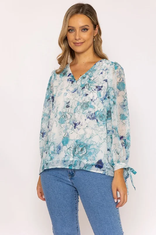 Tie Sleeve Blouse in Blue Print Monochromatic All - in - one