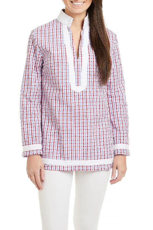 Tunic Top Red, White & Blue Seersucker Check with White Trim Feminine Women's Style 