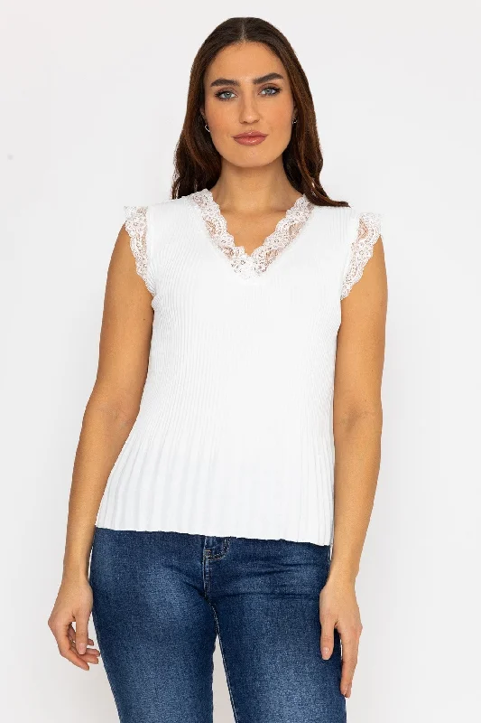 Ecru Sleeveless Lace Trim Pleat Top Earthy Women's 