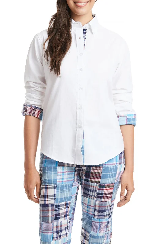 Ladies Button Down Long Sleeve Shirt White Oxford with Seapoint Patch Madras Trim Cool Women's Distressed