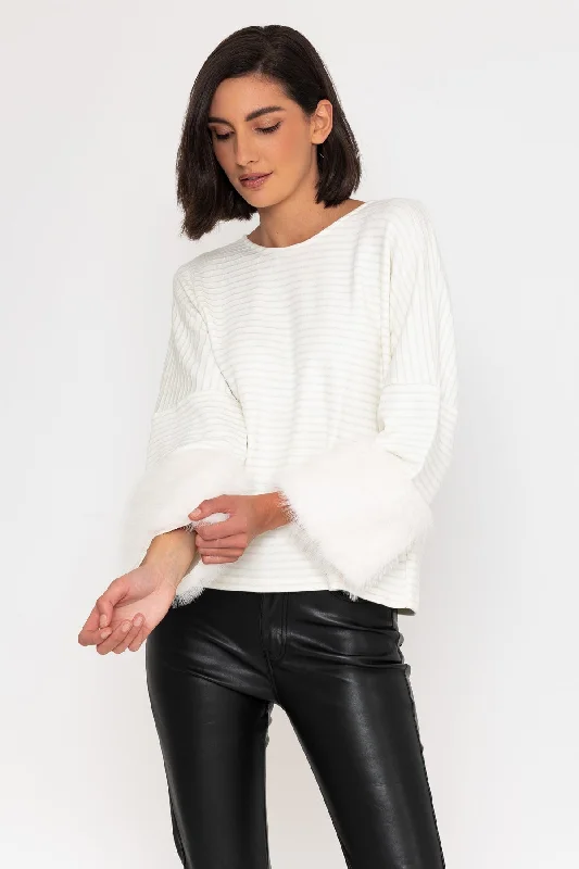 Striped Ivory Top with Faux Fur Hem Detailing on Sleeves Cashmere