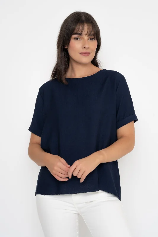 Dark Navy Button Back Linen Like Top Earthy Women's 