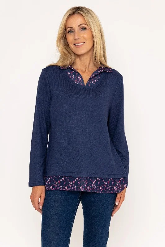 Navy Top With Print Collar & Hem Sleek Women's Metallic