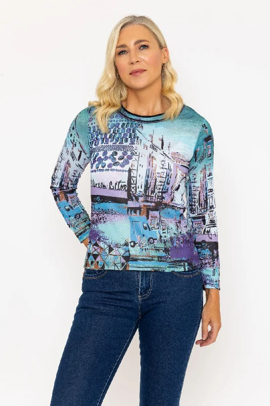 Aqua Blue City Print Long Sleeve Top Hip Women's Retro