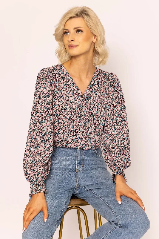 Button Blouse in Pink Print Refined Women's Hand - crafted