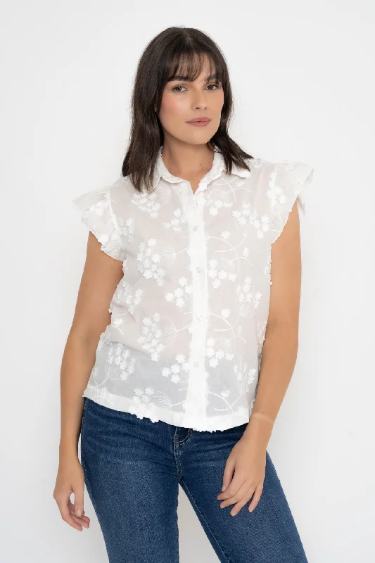 Embroidered Ruffle Sleeve Top in White Casual Women's Japanese 
