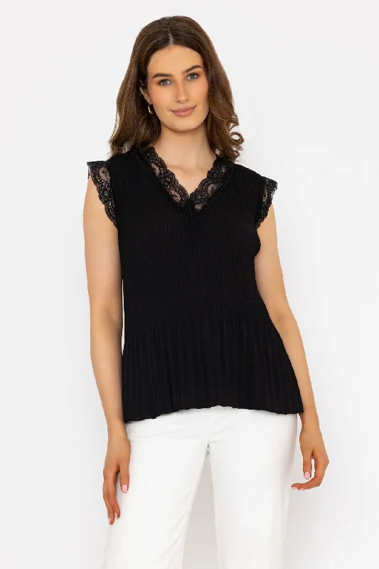 Black Sleeveless Lace Trim Pleat Top Confident Women's Power