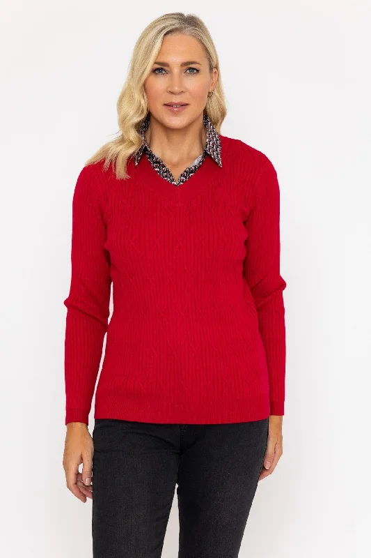 Red Top Print Shirt Collar Stylish Women's Tropical 