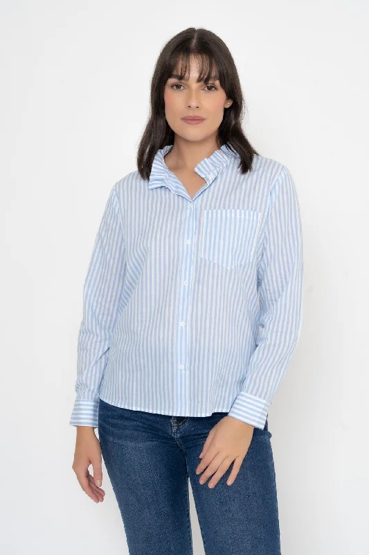 Light Blue Stripe Ruffle Shirt Refined Women's Classic 