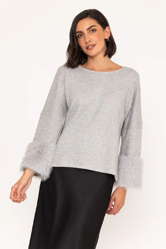 Striped Grey Top with Faux Fur Hem Detailing on Sleeves Hip Women's Urban