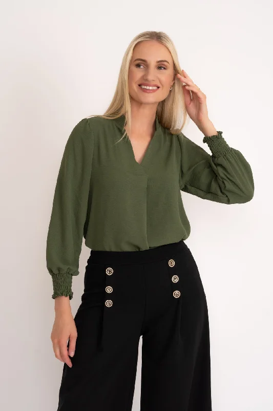 Long Sleeve Collarless Top in Khaki Artistic Women's Avant - 