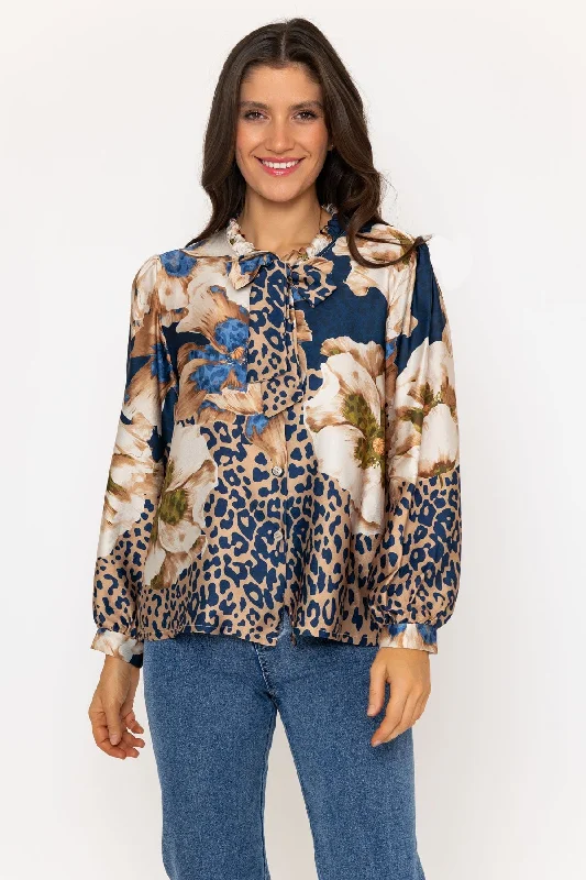 Blue Print Tie Neck Sateen Blouse Sharp Women's Italian