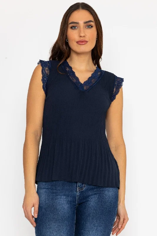 Navy Sleeveless Lace Trim Pleat Top Dapper Women's 1920S