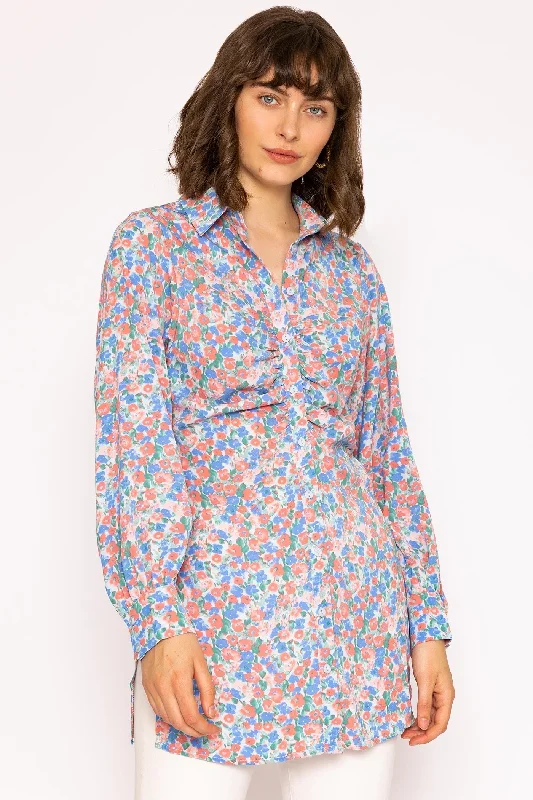 Ruched Longline Blouse in Blue Print Earthy Women's 