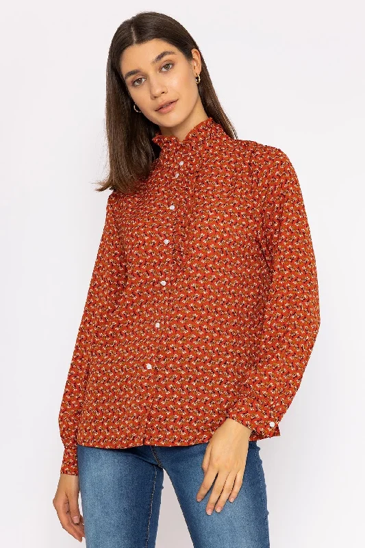 Ruffle Blouse in Rust Print Monochromatic Office Style
