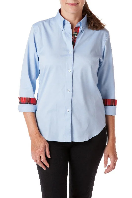 Ladies Button Down Shirt Blue Oxford with Royal Stewart Trim Sustainable Organic