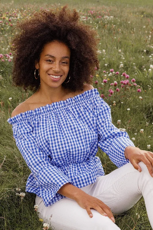 Gingham Bardot Top in Blue Classic Women's Pin - striped