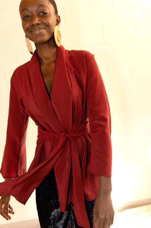 Burgundy Silk Kimono Blouse - Obidi Vacation