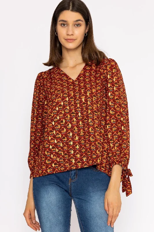 V Neck Tie Sleeve Top in Multi Print Dynamic Women's Moto