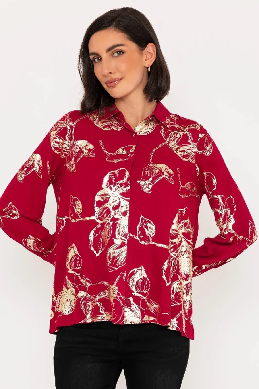 Long Sleeve Gold Foil Print Blouse in Burgundy Refined Women's Velvet