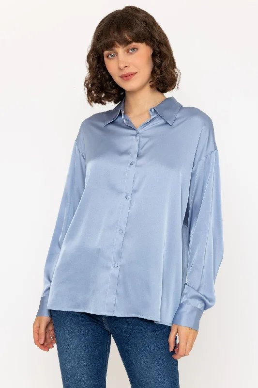 Long Sleeve Satin Oversized Blouse in Light Blue Athletic Women's High - 
