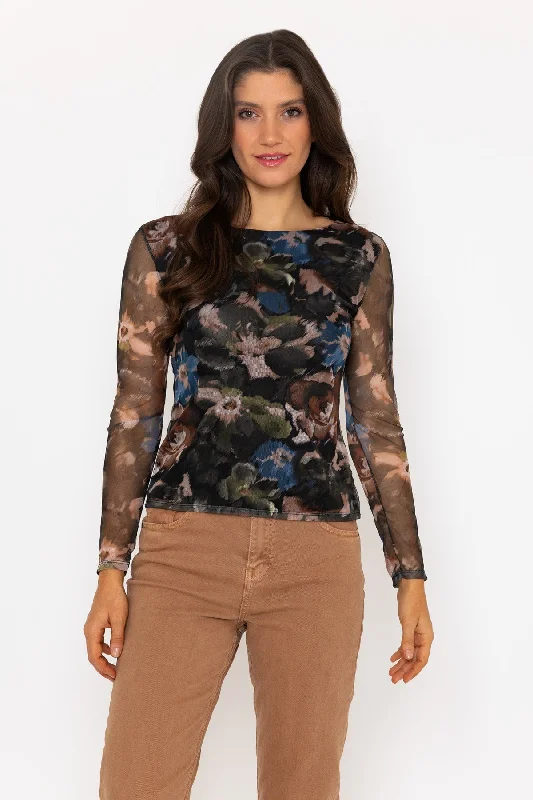 Khaki Printed Mesh Long Sleeve Top Cool Women's Skate
