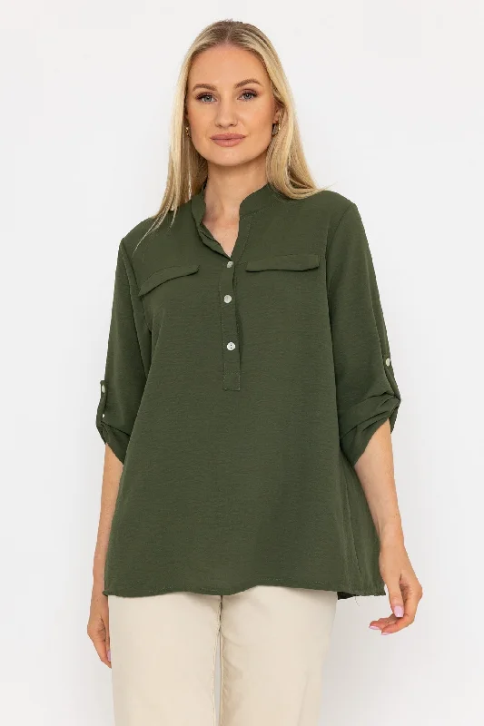 Collarless Shirt in Khaki Contemporary 