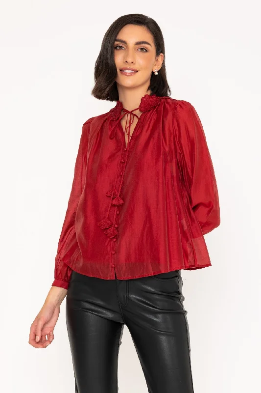 Long Sleeve Burgundy Blouse with Neckline Flower Detailing Traditional Women's 