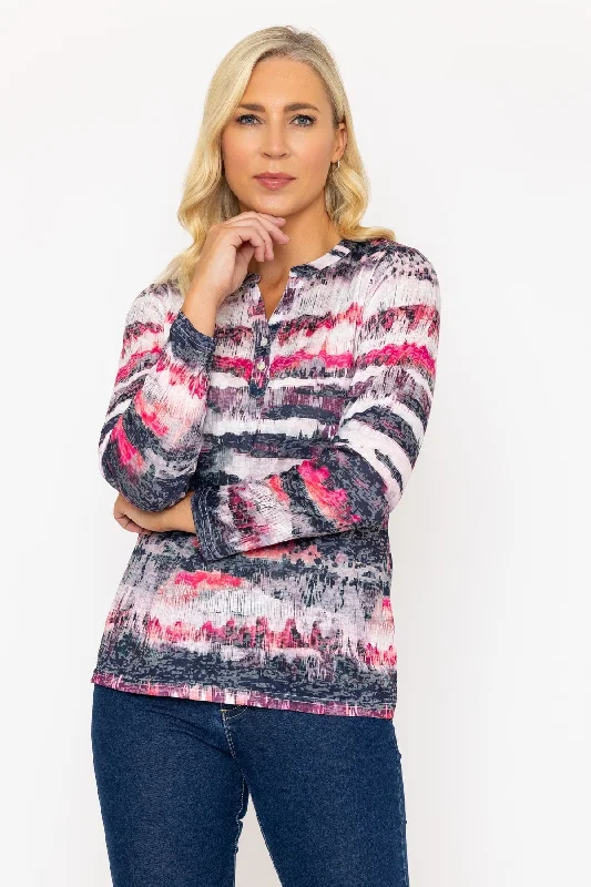 Pink Tie Die Print 3/4 Length Sleeve Top Casual Women's Loose - fitting