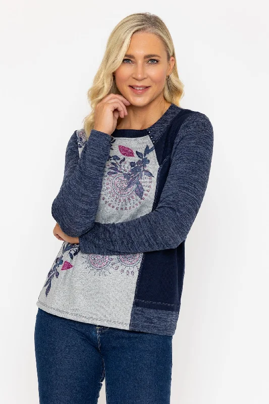 Navy Floral Print Long Sleeve Top Laid - back Women's Vibe
