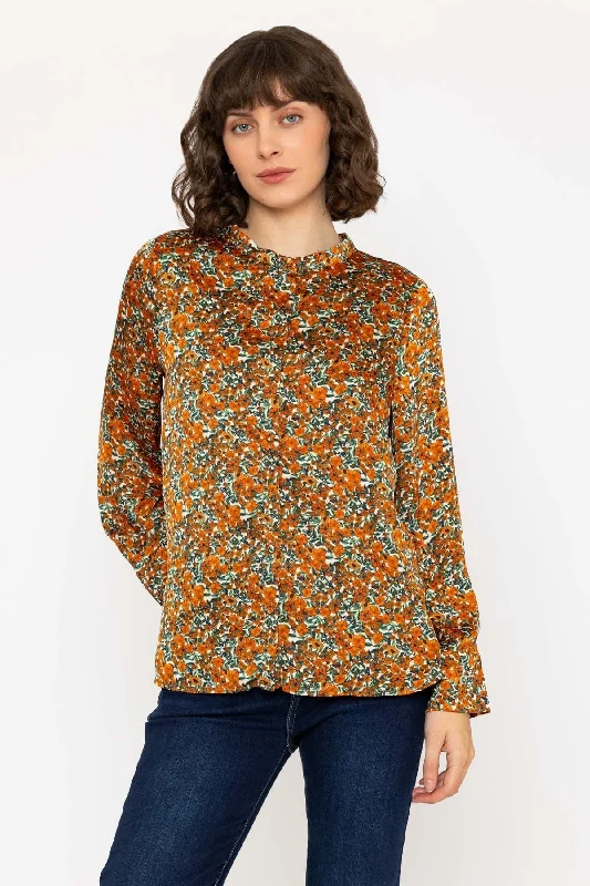 Long Sleeve Orange & Green Floral Mandarin Collar Blouse Practical Women's Multi - 