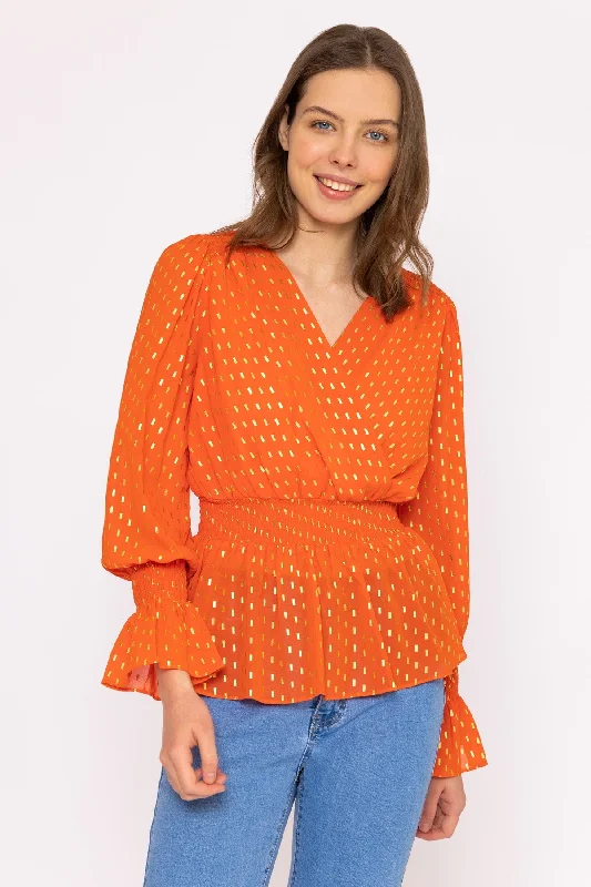 Gold Detail Wrap Top in Coral Youthful Women's Anime - inspired