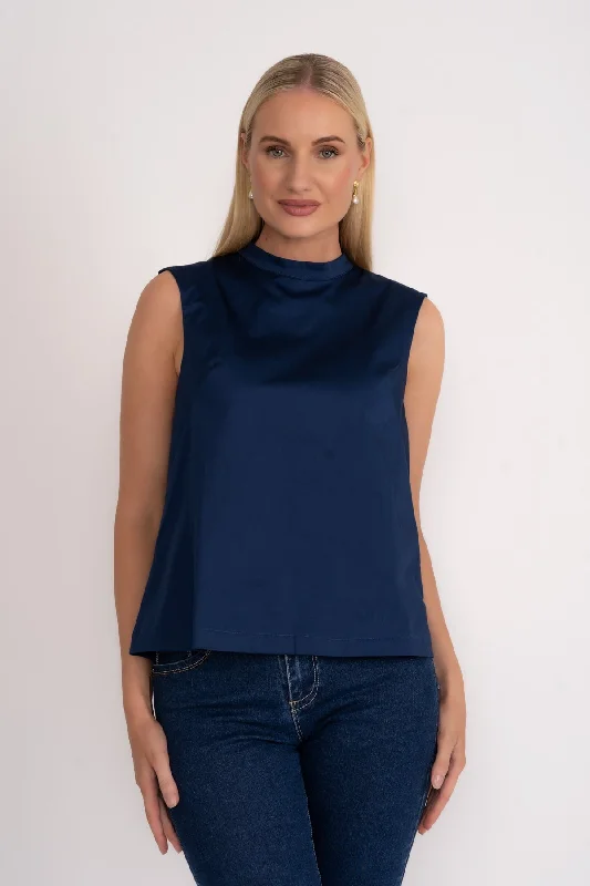 Sleeveless Bow Back Cotton Sateen Top in Navy Confident Women's Power