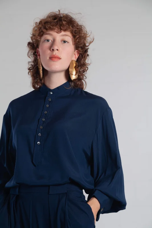 ByAdushka Blue Paul Silk Blouse Classic Women's Tweed