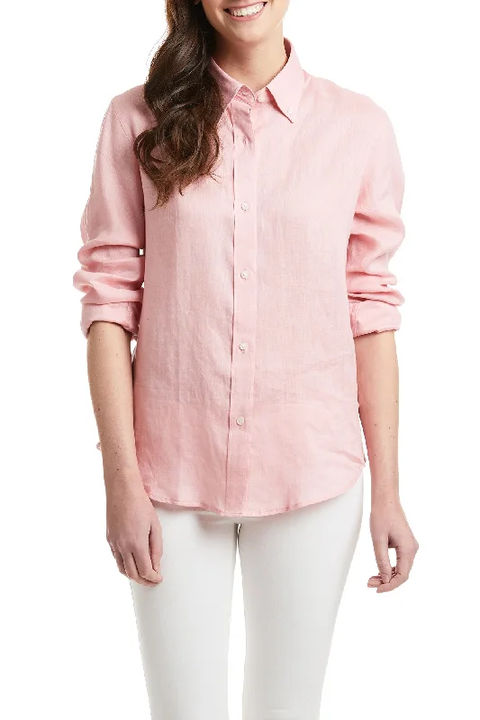 Ladies Button Down Shirt Pink Linen Sleek Women's Metallic