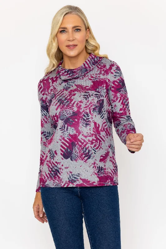 Pink Leaf Print Top Button Neck Detail Stylish Women's Neon