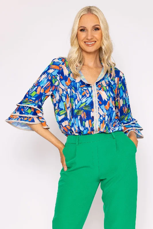 V-Neck Frill Sleeve Top in Blue Print Youthful Women's Pop