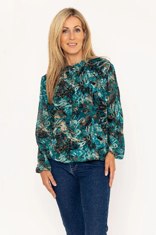 High Neck Printed Top in Teal Gym
