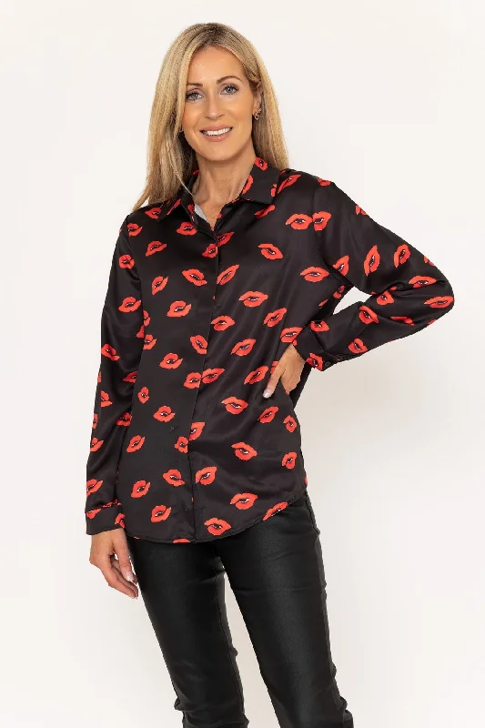 Sateen Black & Red Lip Print Shirt French