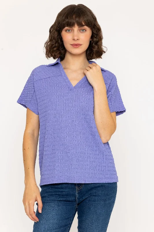 Short Sleeve Textured Collar Top in Blue Classic Women's Pin - striped