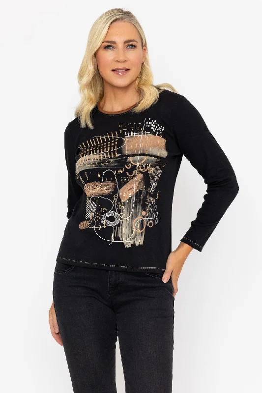 Abstract Print Black Long Sleeve Top Dapper Women's Bow - adorned